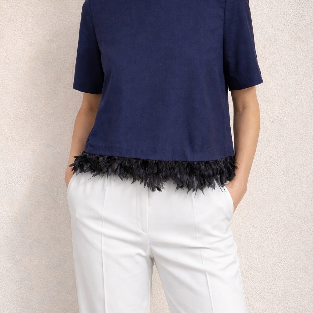 Maison Père Navy Virgin Wool Top w/ Removable Feather Hem